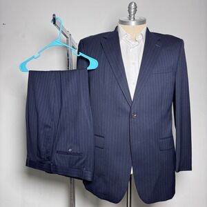 Chaps Pinstripe Suit Mens 44L 34x29 Navy Blue 100% Wool 2-Button Side Vent